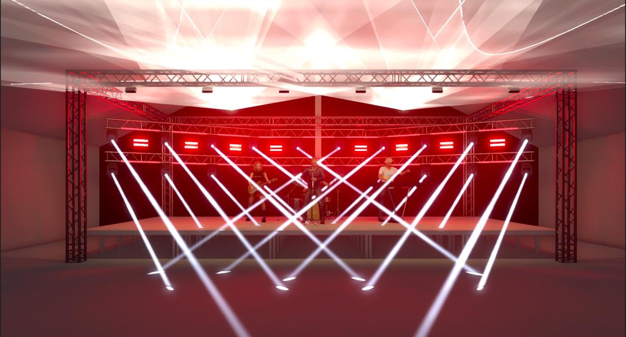 3D-Visualisierung einer Lichtplanung: Traversenbühne mit Moving Heads, Blindern und Bühnenlicht
