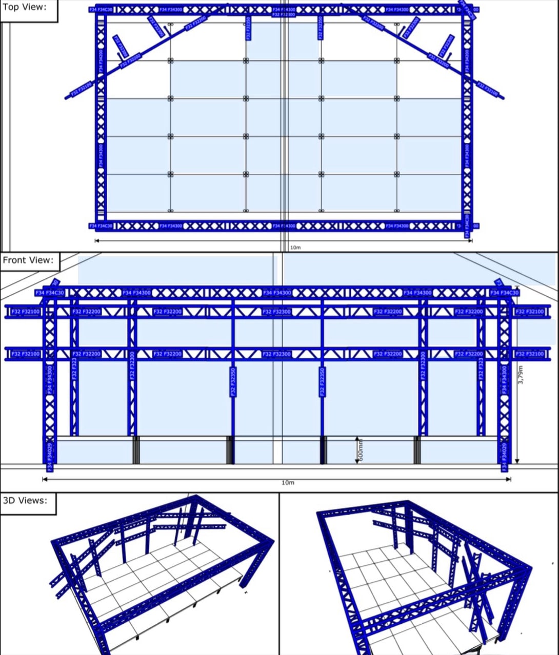 Riggingplot einer 10 Meter breiten Traversenkonstruktion in Drauf-, Front- und 3D-Ansicht
