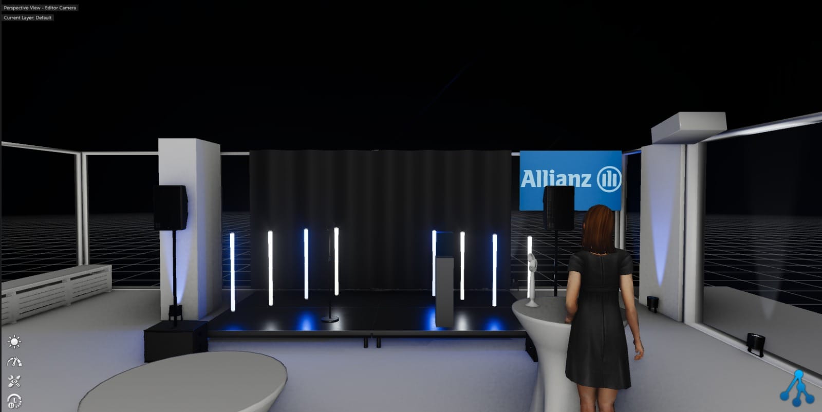 Planungsschritt 1: graues Raummodell mit Bühne, Stehtischen und Bannerfläche