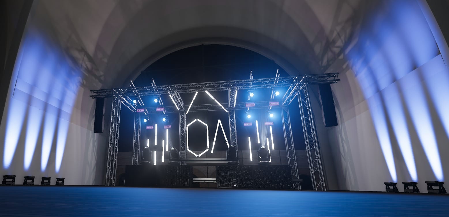 Flora Köln, 3D-Planung: Traversenbühne mit LED-Stäben, Moving Heads und Line-Arrays in Blau