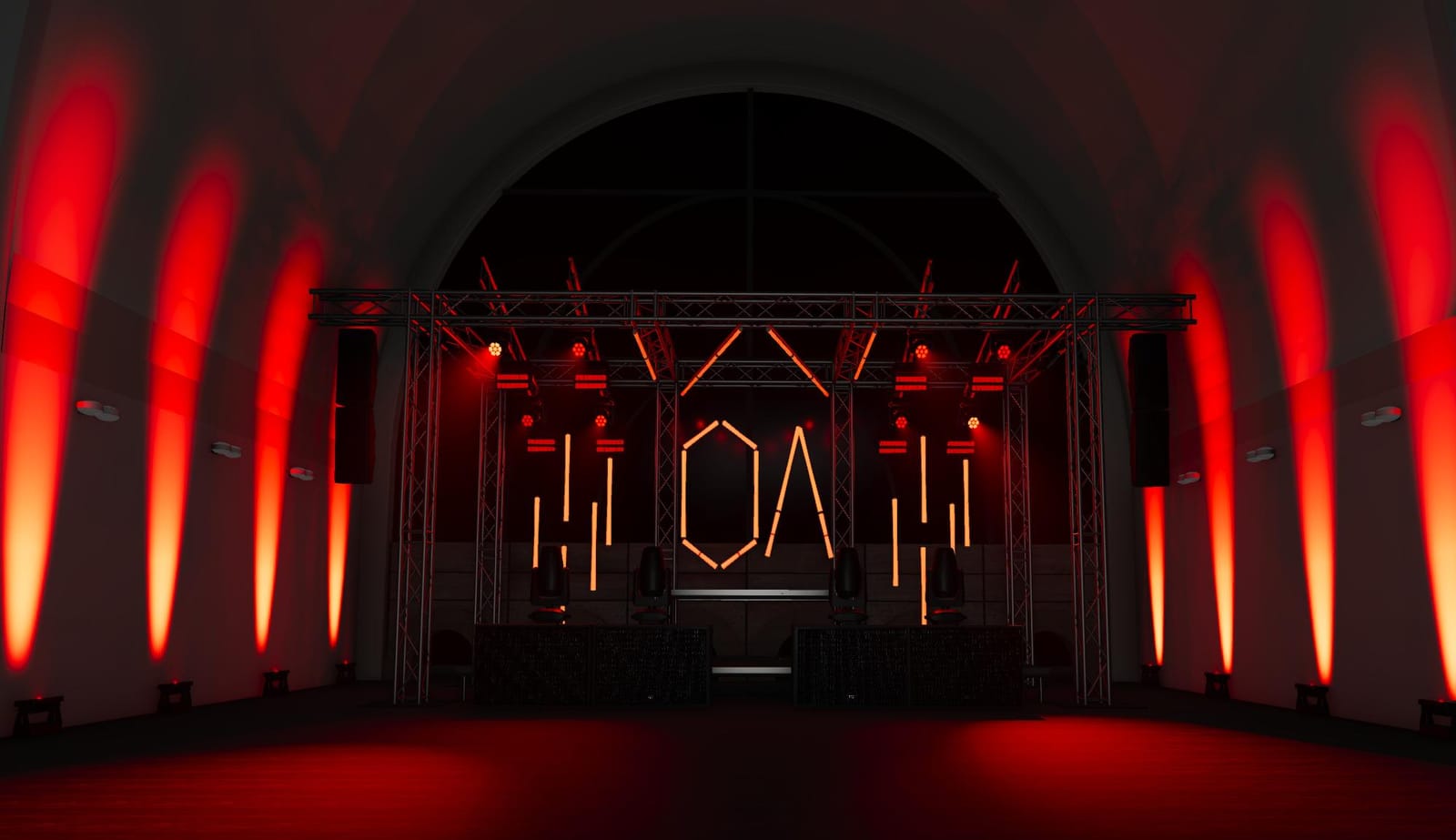 Flora Köln, 3D-Planung: Lichtstimmung in Rot mit Uplights an den Wänden und Traversenbühne