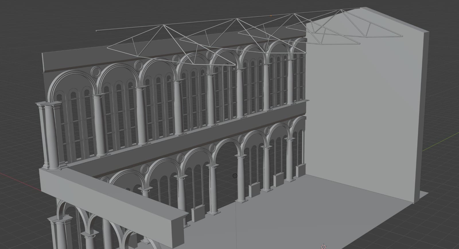 3D-Modell des Saals: zwei Arkaden-Etagen mit Säulen, Rundbögen und Dachtragwerk