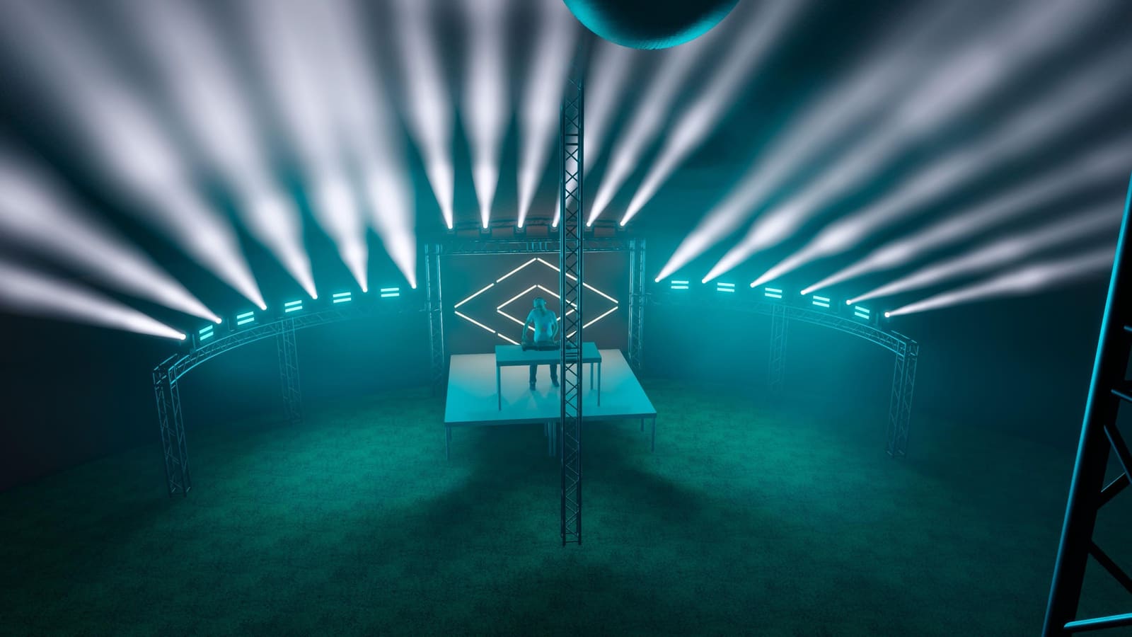 3D-Planung: Fächer aus Moving-Head-Strahlen über der DJ-Bühne