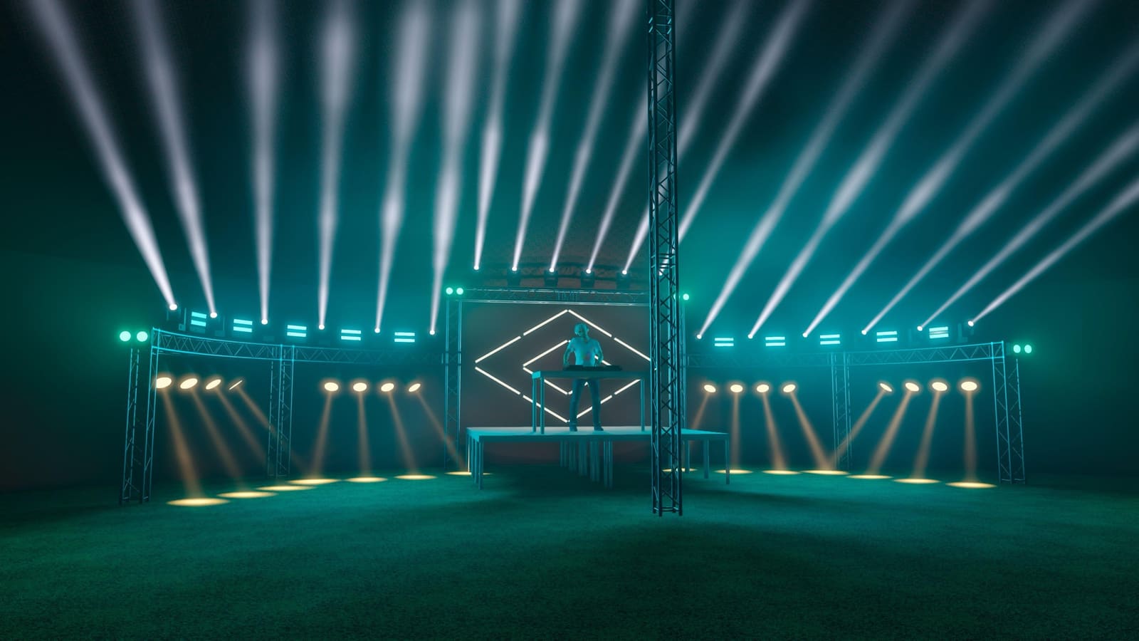 3D-Planung: Beams in Türkis von beiden Traversenflügeln