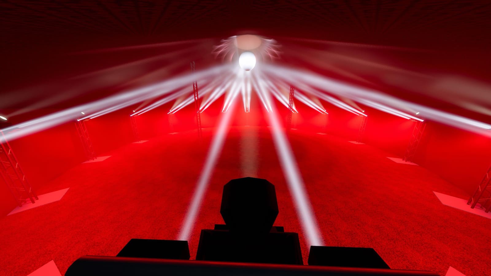 3D-Planung: Blick vom DJ-Pult in die rote Lichtshow